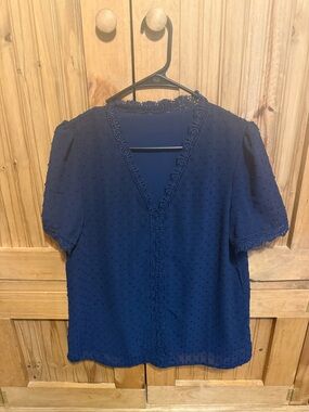 Navy Swiss Dot Lace-Trim V-Neck Blouse - Women